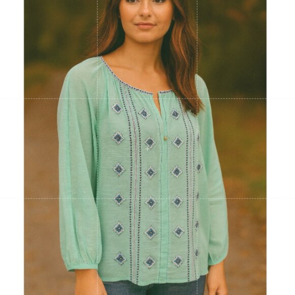 Tory Burch SZ 10 Lucille Seafoam Green Beaded Split Neck Blouse Cotton Linen - Picture 1 of 5